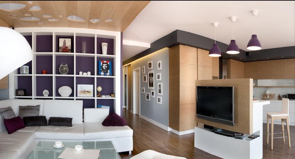 黄冈金科家园120平米大客厅木饰面板吊顶白色沙发后博古架效果图